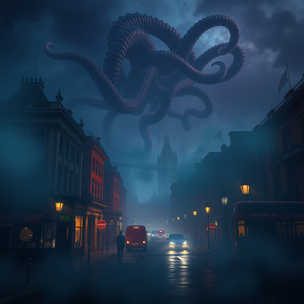1940s London with Lovecraftian Sky, Detailed Matte Painting