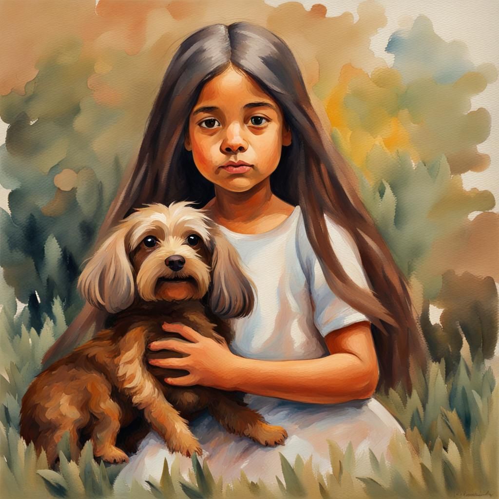 Girl and Dog in Gouache Watercolor Style