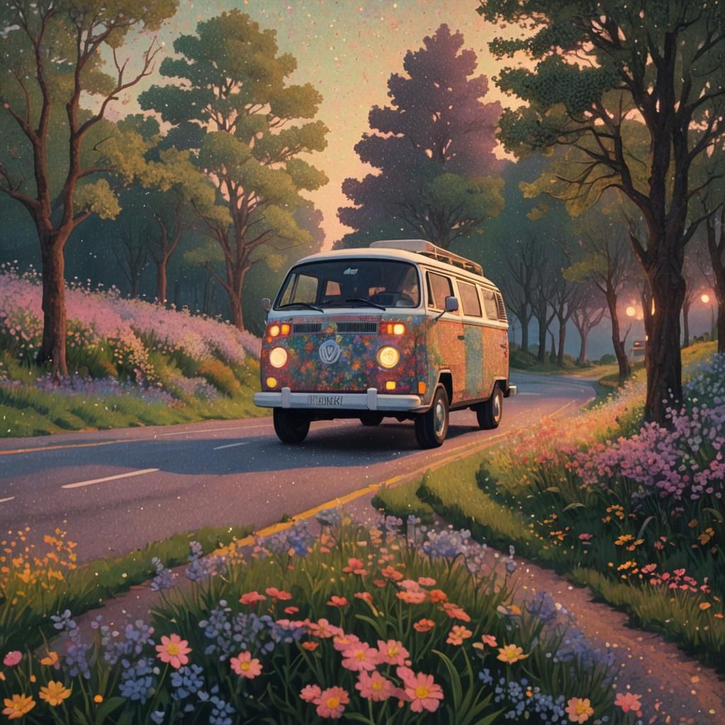 Campervan at Dusk in Pointillist Style