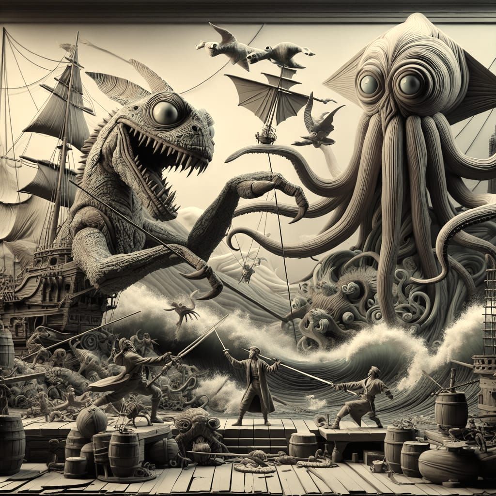 Cyclops-Sailfin-Dino-Squid Battle in Epic Claymation