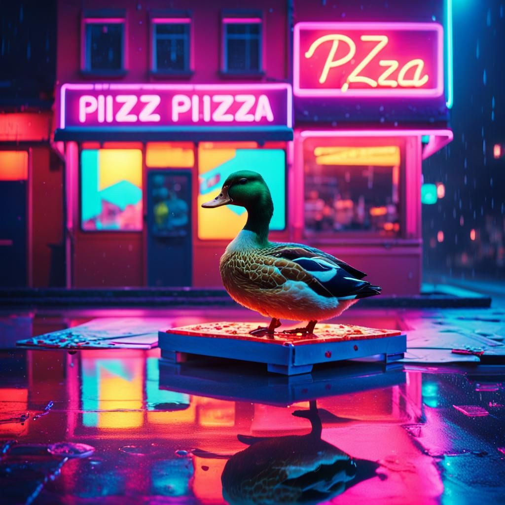 Duck and Pizza in Synthwave Neon Cityscape