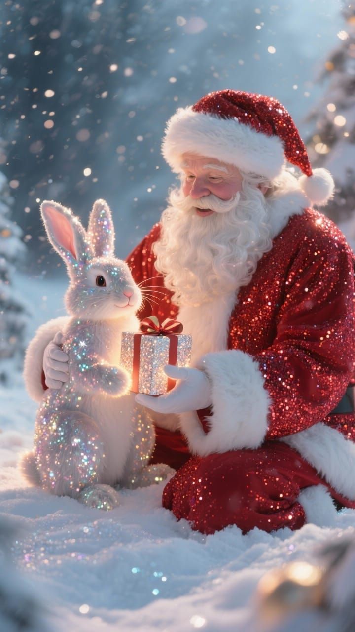 Jolly Santa Gives Gift to Luminous Bunny in Snowy Scene
