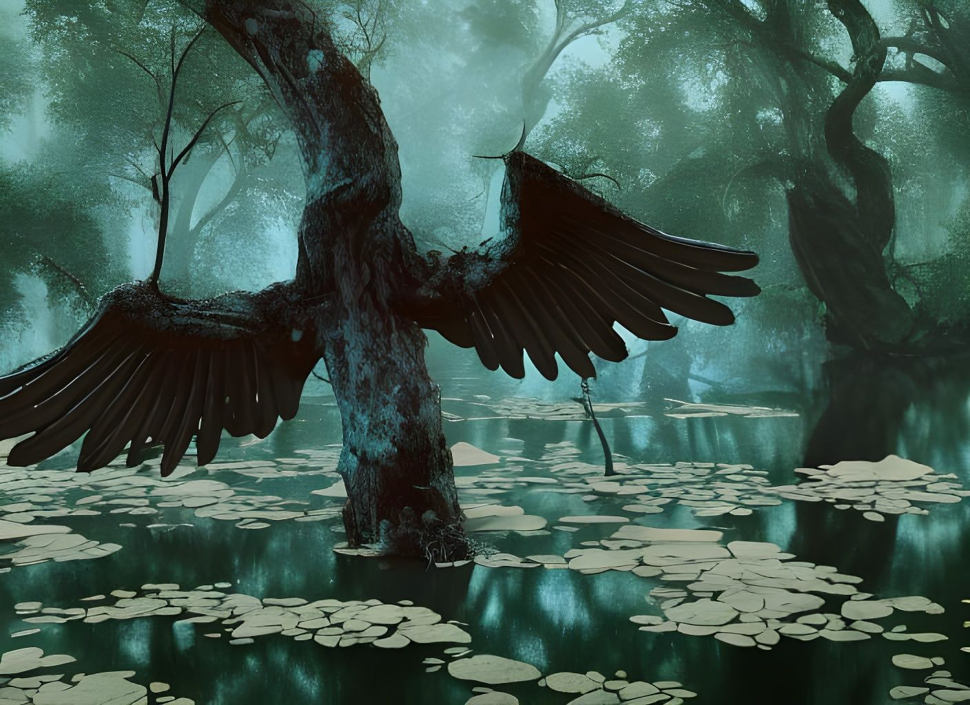 Bird Over Lagoon in Surreal Landscape