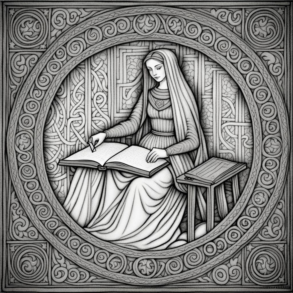 Celtic Medieval Woman Coloring Page Line Art