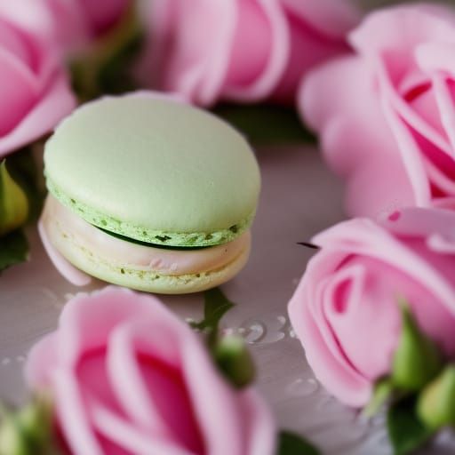 Green Macaroon Surrounded by Roses: Romantic Photography