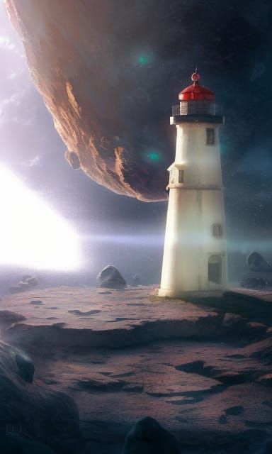 Lighthouse on Asteroid in Space: Digital Illustration