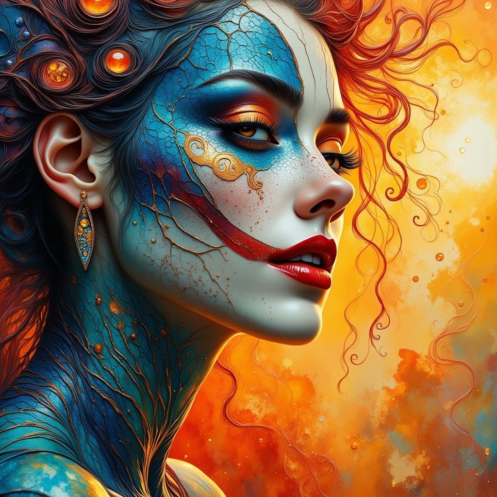 Vibrant Impressionist Painting of Woman with Tribal Tattoos