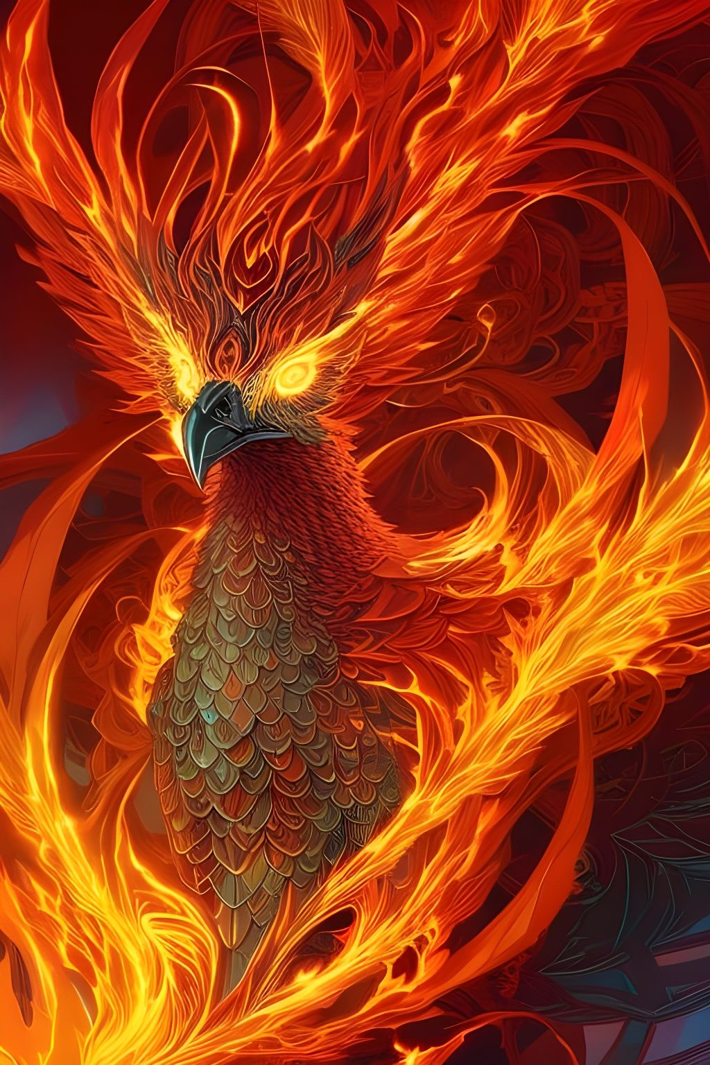 Fiery Phoenix Portrait with Golden Outlines