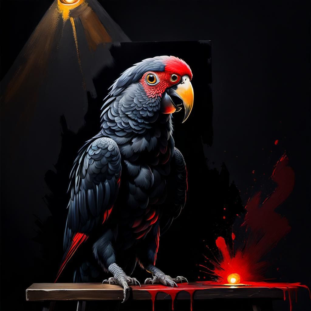 Black Parrot with Glowing Eyes in Grunge Style