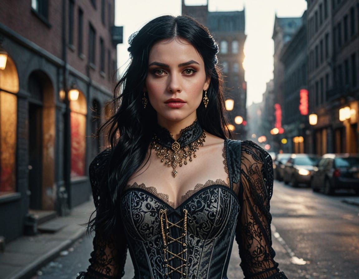 Woman in Neo-Gothic Dress with Dramatic Lighting