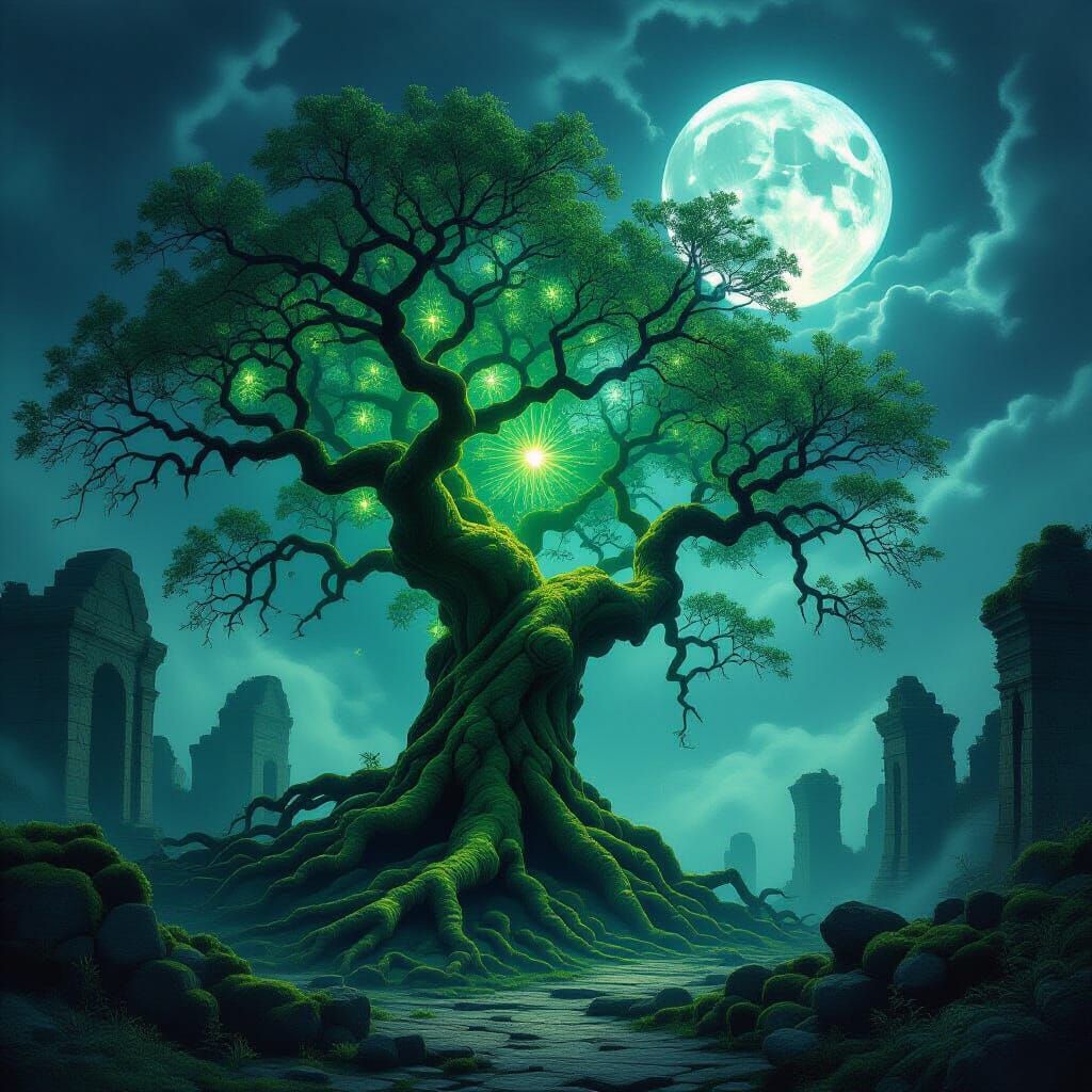 Ancient Tree in Twin Moonlight, Oil Painting Style
