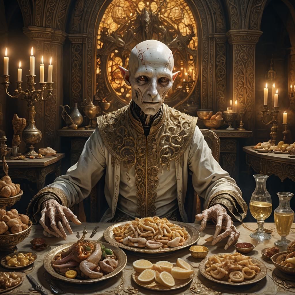 Pale Man at Ornate Table: Hyperrealistic Concept Art