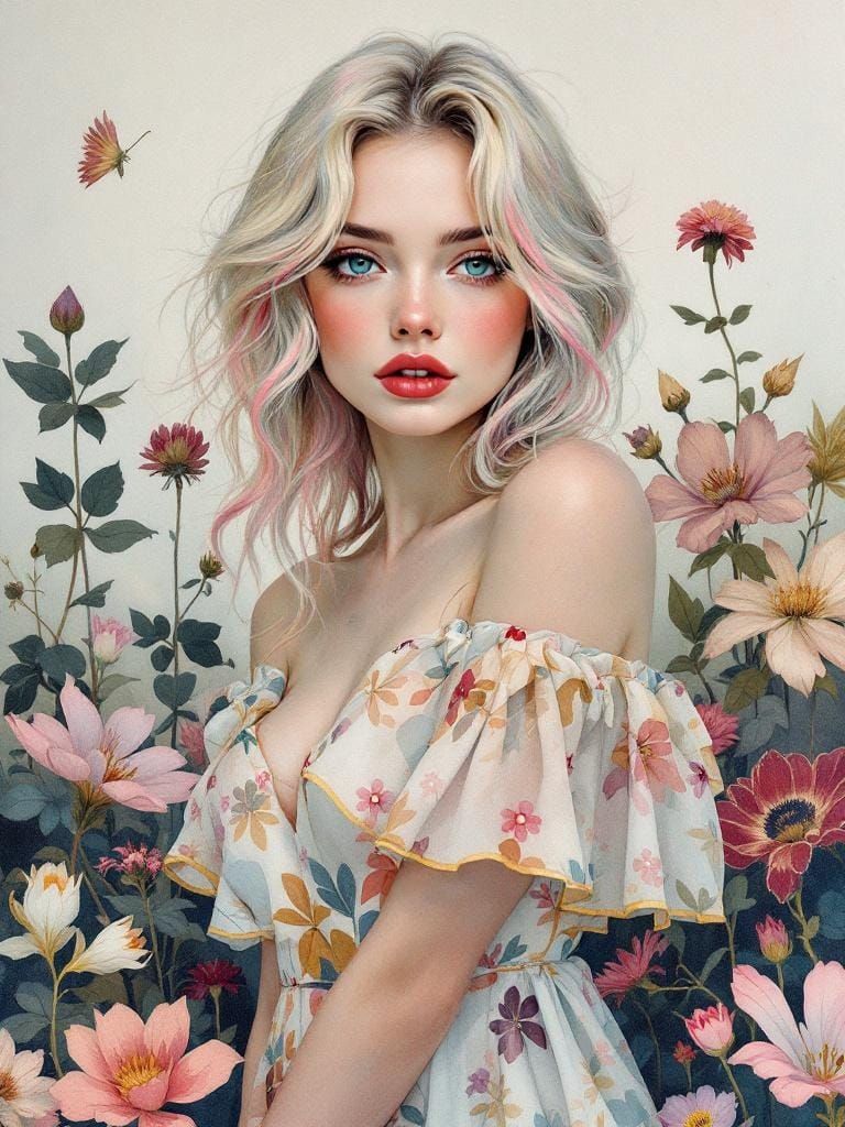 Art Nouveau Pin-Up Woman with Delicate Watercolor Details