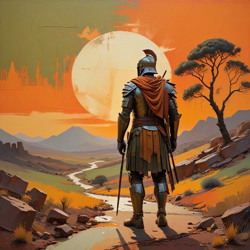 Warrior Returns Home Under Orange Sunset in Ancient Landscap...