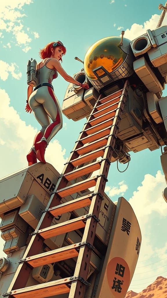 Retro-Futuristic Pin-Up Pilot Climbing to Mech Cockpit