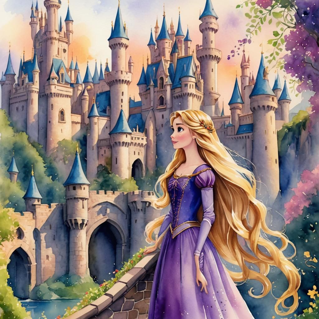 Rapunzel in Watercolor Fairytale Castle