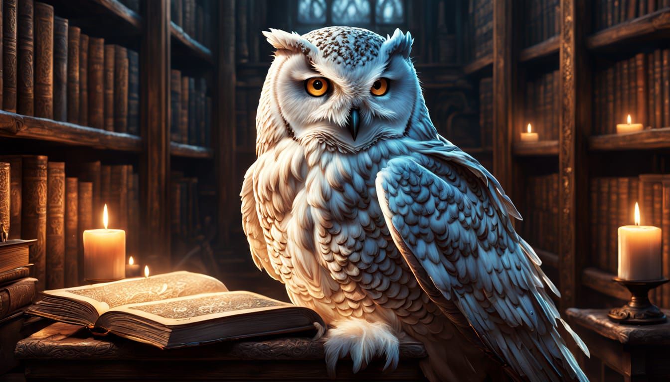 Majestic Snow Owl Wizard in Ancient Library