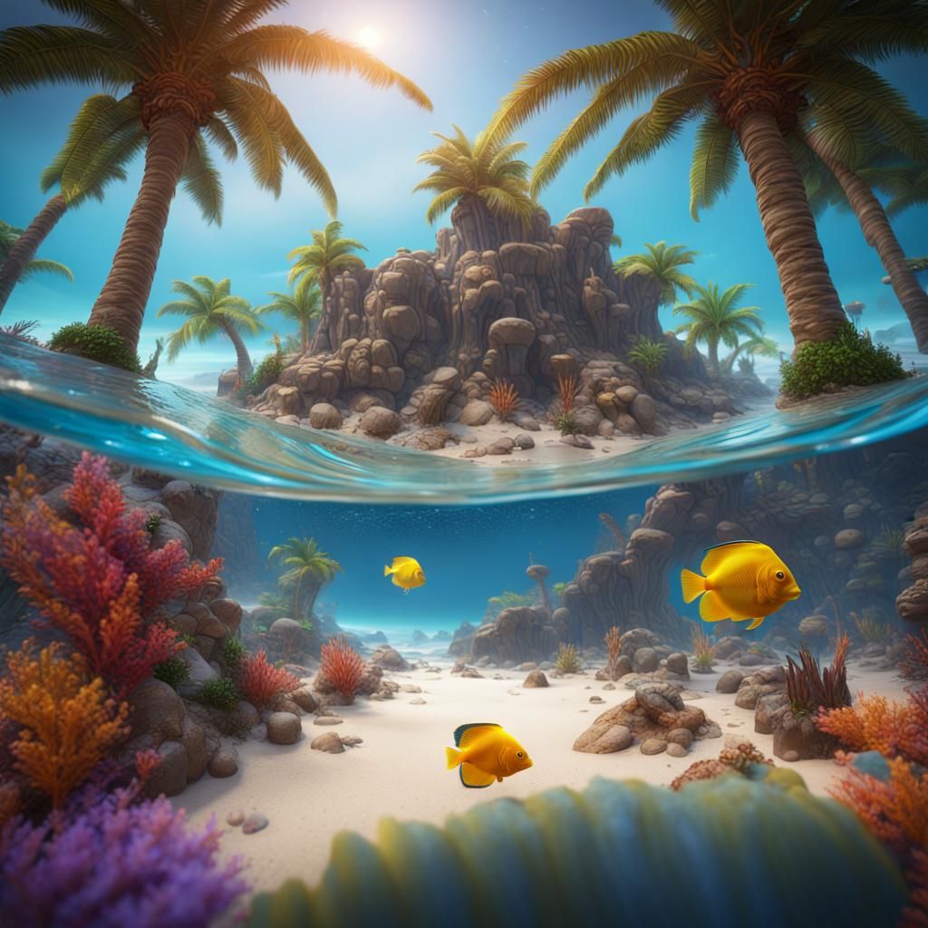 Tropical Island Paradise with Colorful Fish