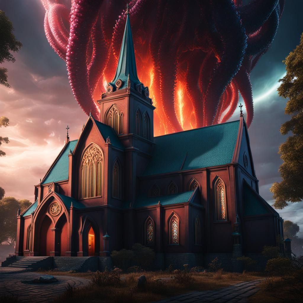 Lovecraftian Church with Tentacles in Detailed Digital Paint...