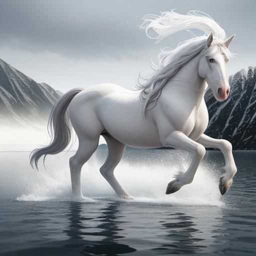 Hyperrealistic White Friesian Horse Walking on Water