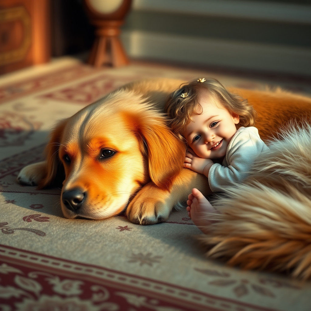 Golden Retriever and Child in Dreamlike Matte Painting