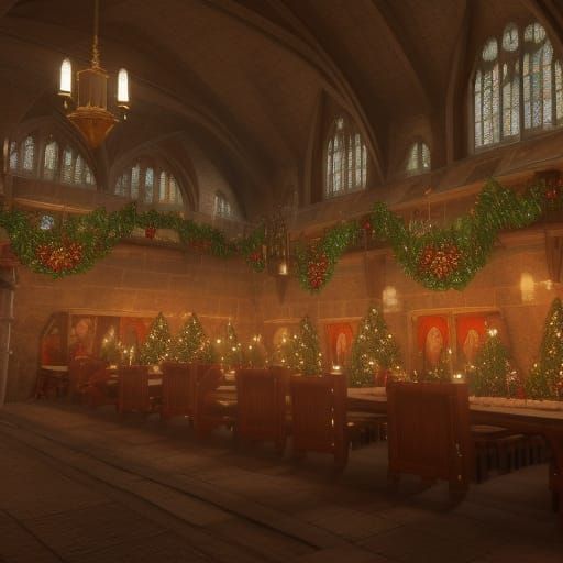 Hogwarts Dining Hall Christmas Scene in Detailed Digital Pai...