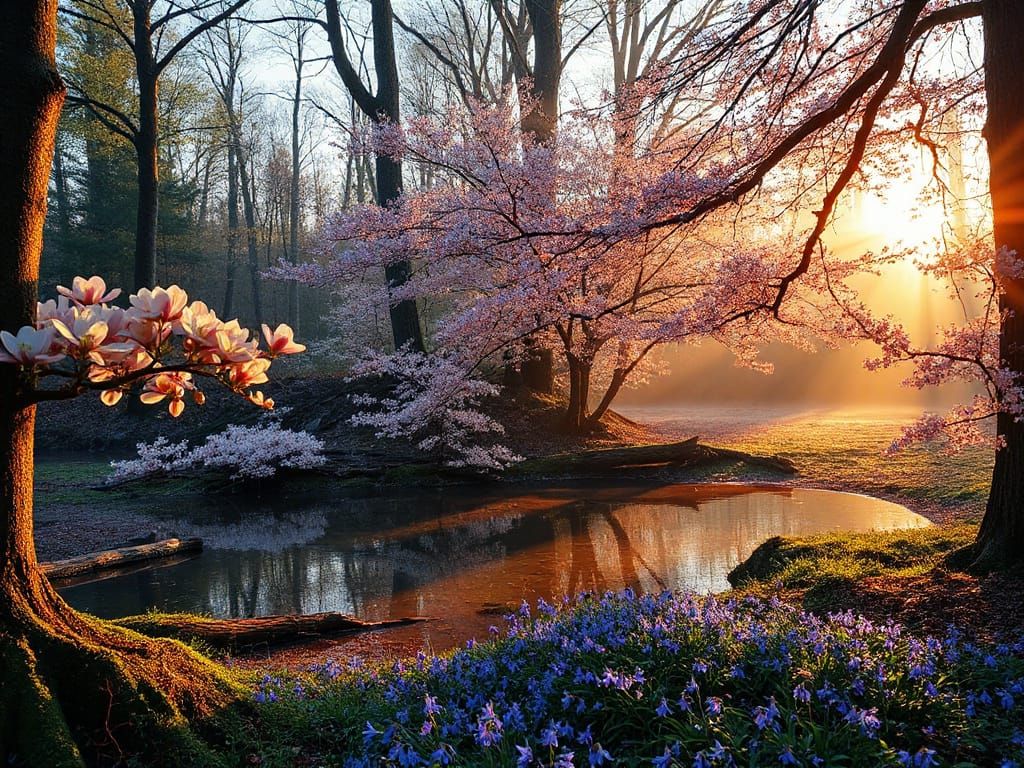 Dreamlike Springtime Forest in Golden Light