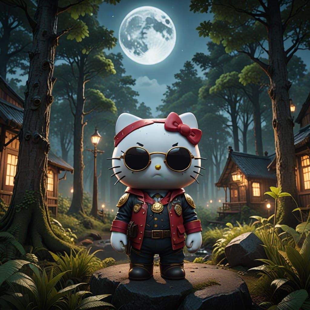 Hello Kitty Enjoys a Beer Under the Full Moon in a Vibrant F...