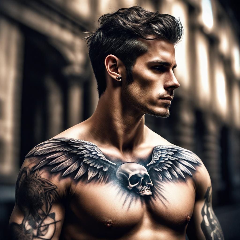 Man with Skull Tattoo and Angel Wings