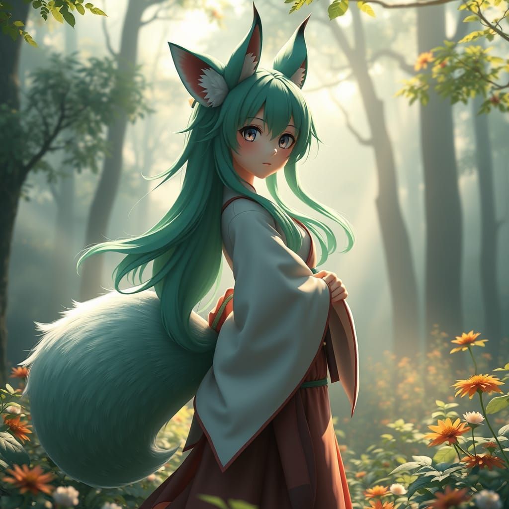 fluffy nine tailed fox girl