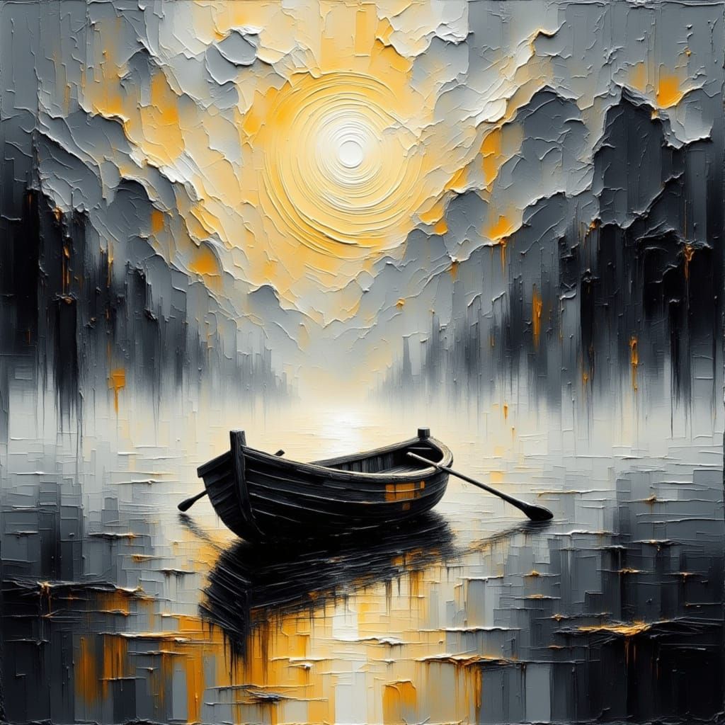 Impasto Painting of a Solitary Rowboat in Grey and Gold