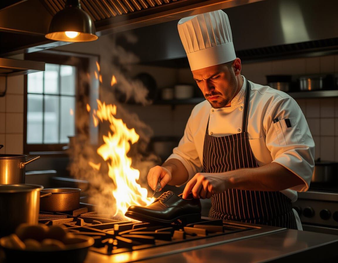 Angry Chef Cooking a Shoe in Film Noir Style
