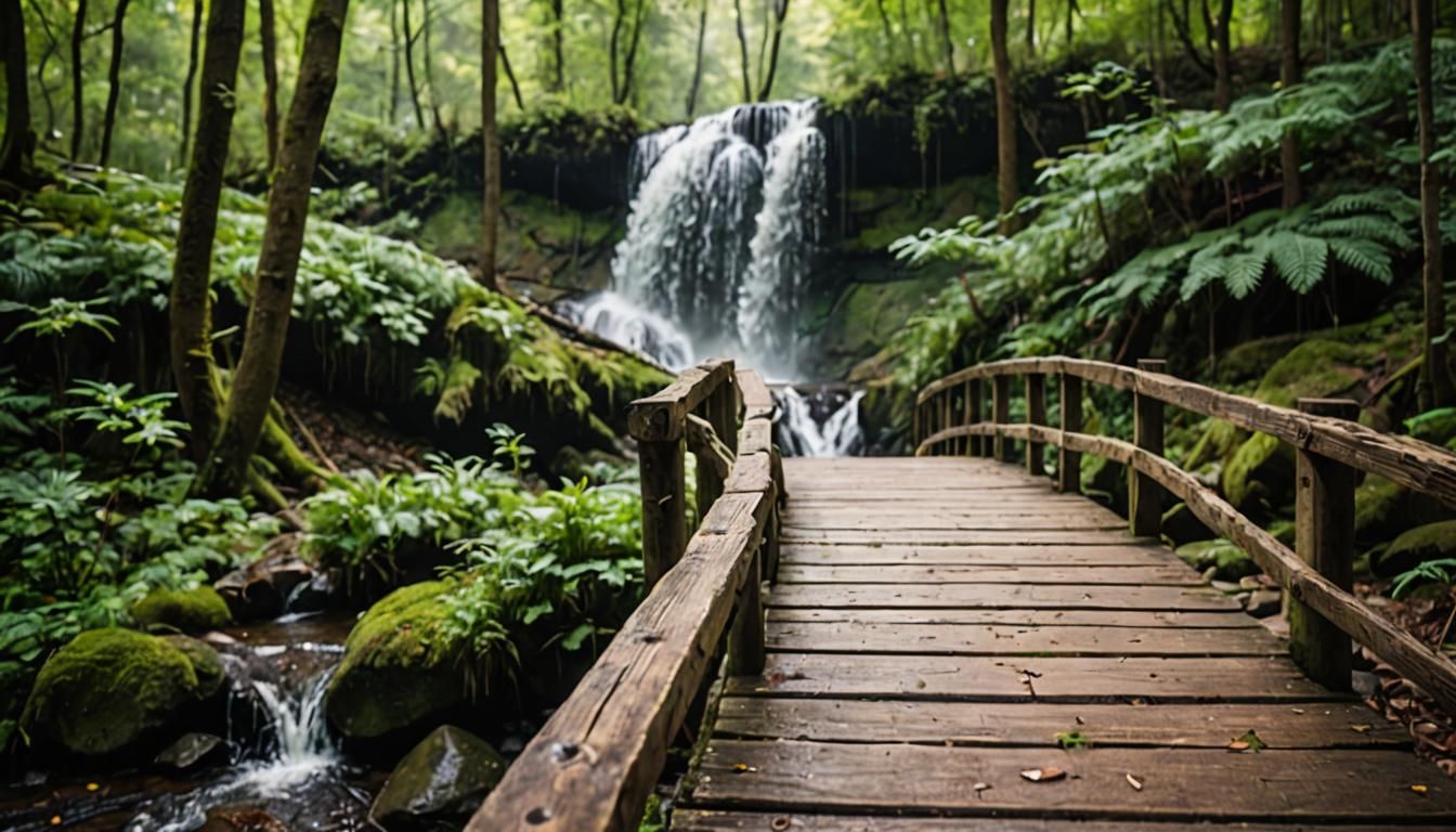 Rustic Wooden Bridge Over Forest Waterfall