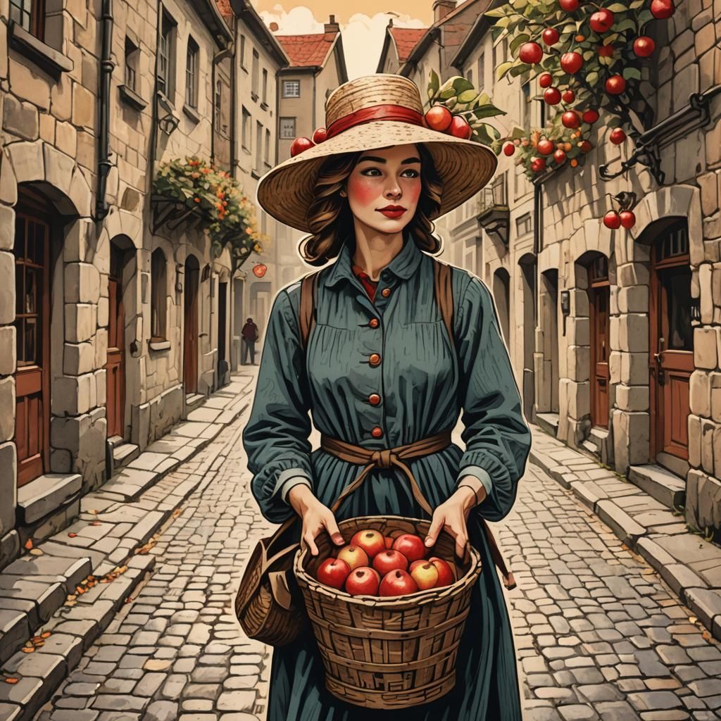 Whimsical Woman with Apple Basket in Vintage Poster Art