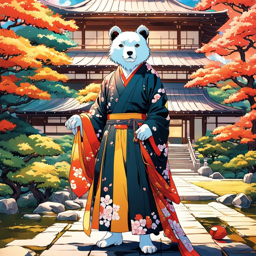 Panda in Japanese Garden, Vibrant Anime Style