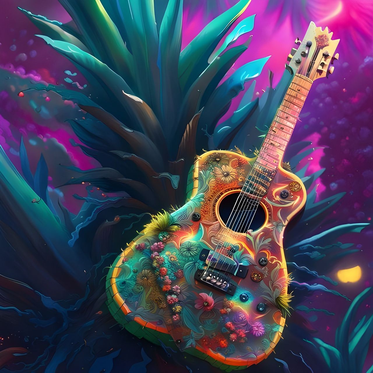 Iridescent Biopunk Electric Pineapple Tropical Guitar