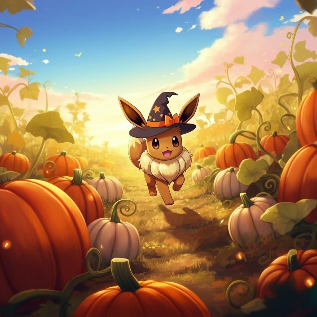 Eevee's Autumn Adventure: A Ghibli-Inspired Pumpkin Patch
