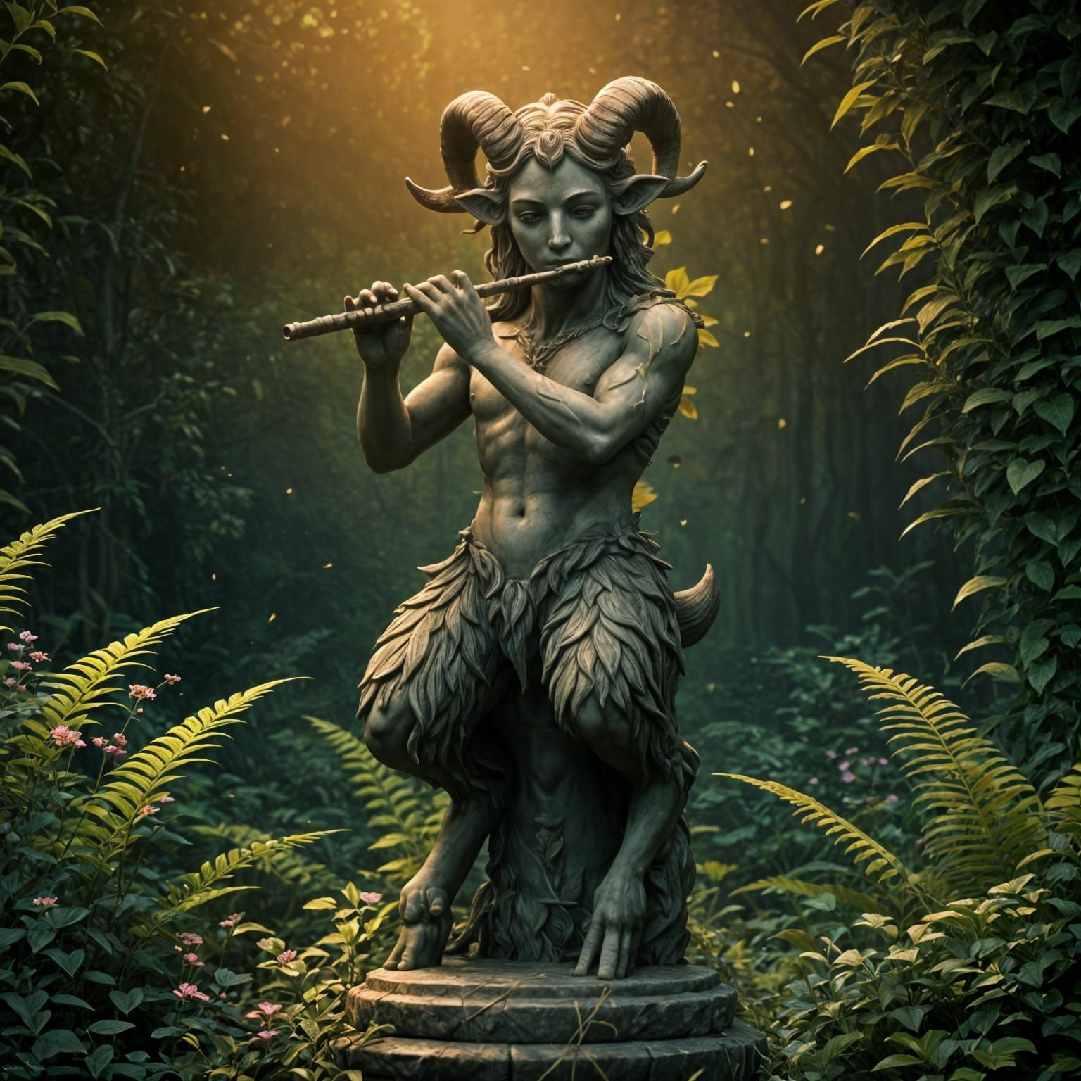 Elegant Faun Statue in a Lush Overgrown Garden