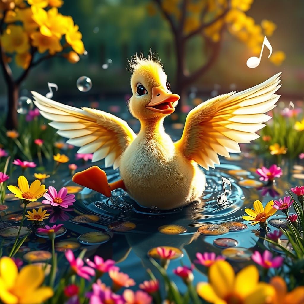 Pixar Duckling Disco in Photorealistic Pond
