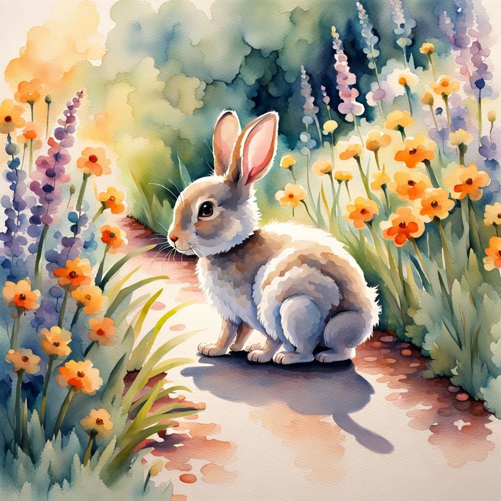 Watercolor Rabbit on Floral Path in Post-Impressionism Style