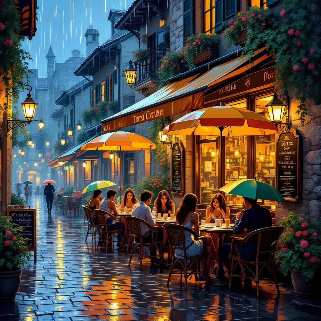 Hyperrealistic Italian Cafe in Summer Rain