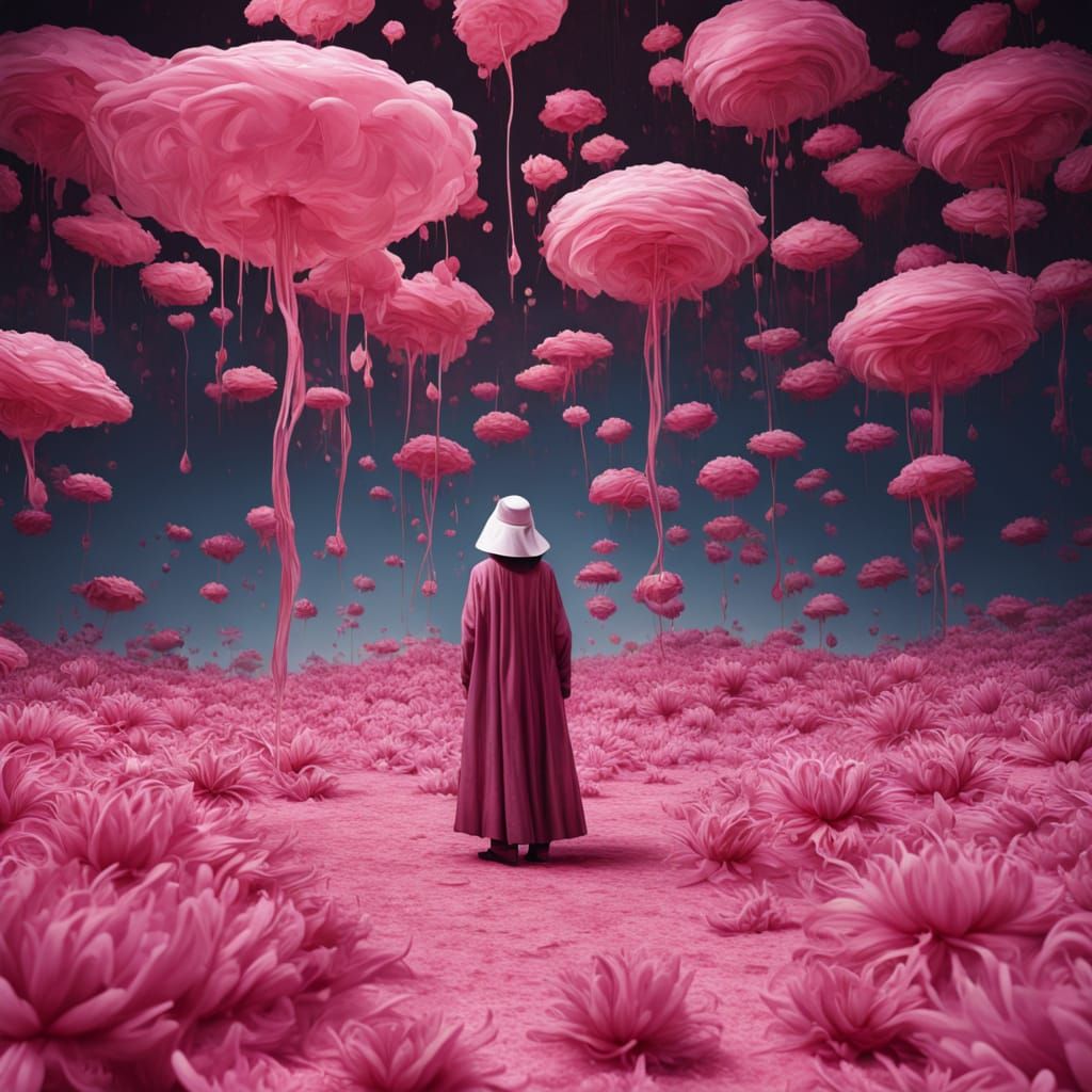 Alien Emerges From Dahlia Shower in Surreal Oil Painting