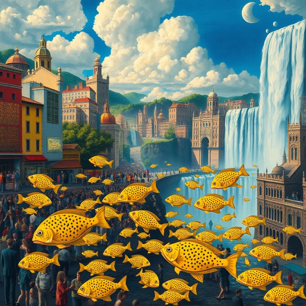 Cityscape with Leopard Fish and Eternal Waterfall