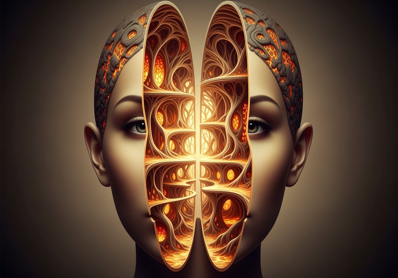 Woman's Serene Face Opens to Warm, Labyrinthine Inner World