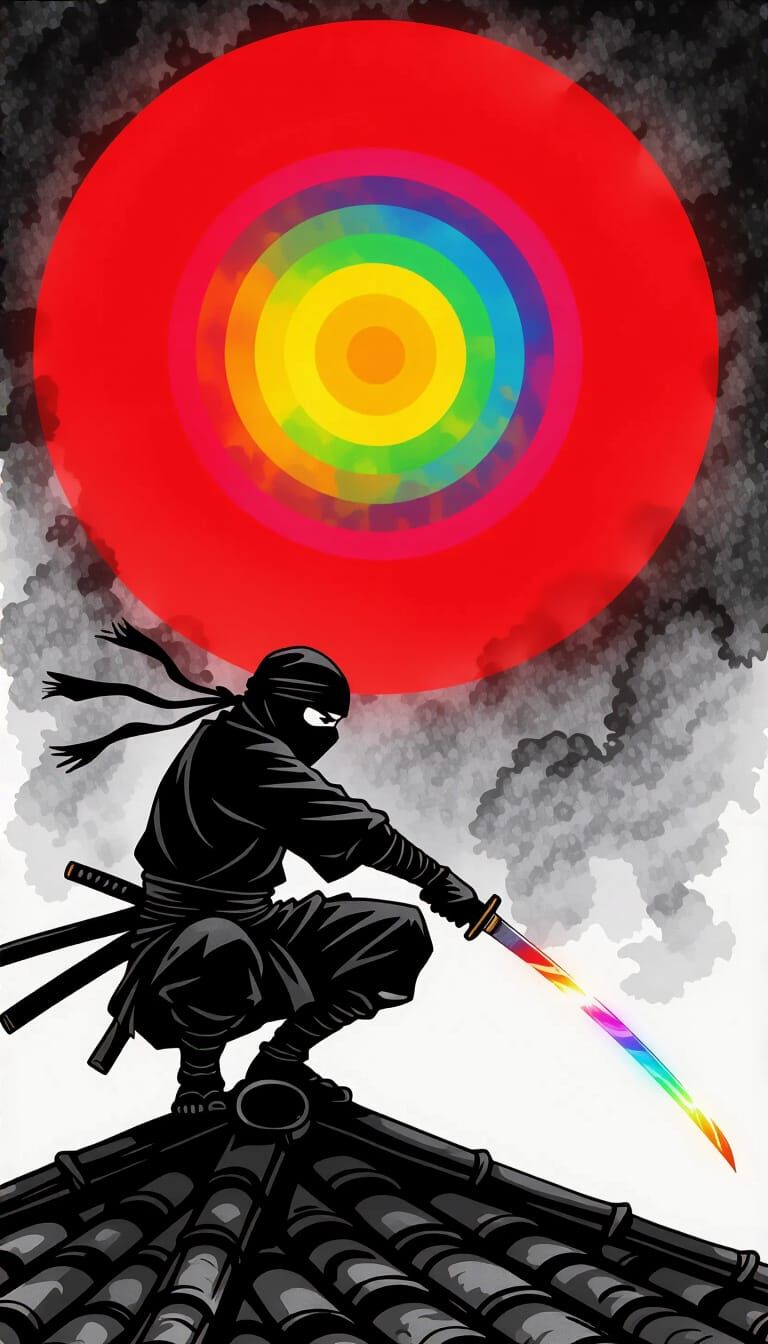 Ninja Silhouetted Against Red Moon in Charcoal Style