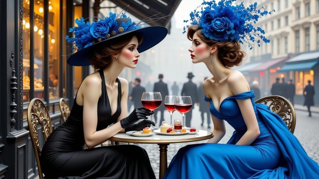Two Women Converse at Parisian Café in Art Nouveau Style