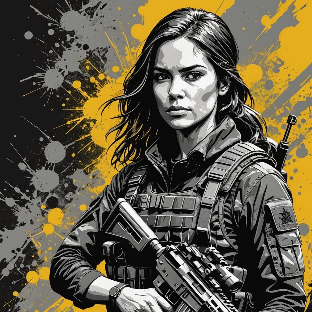 Woman Commando Silhouette in Black, White and Yellow