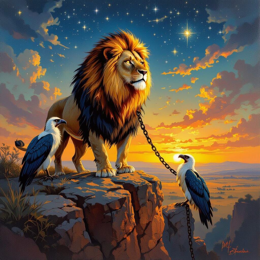 Fiery Lion on Cliff in Surreal Oil Painting