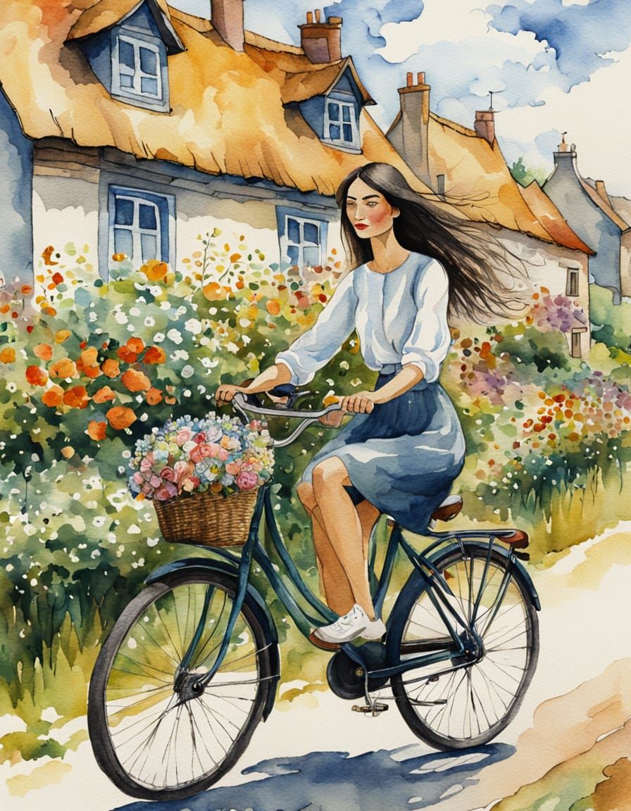 Floral Bicycle Ride in Watercolor Naive Style