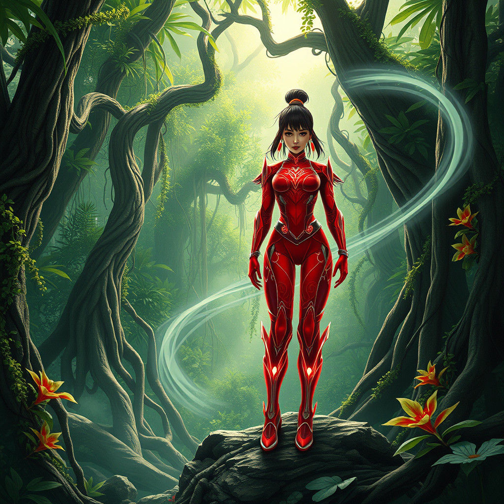 Asian Cyber-Samurai Superheroine in Lush Jungle